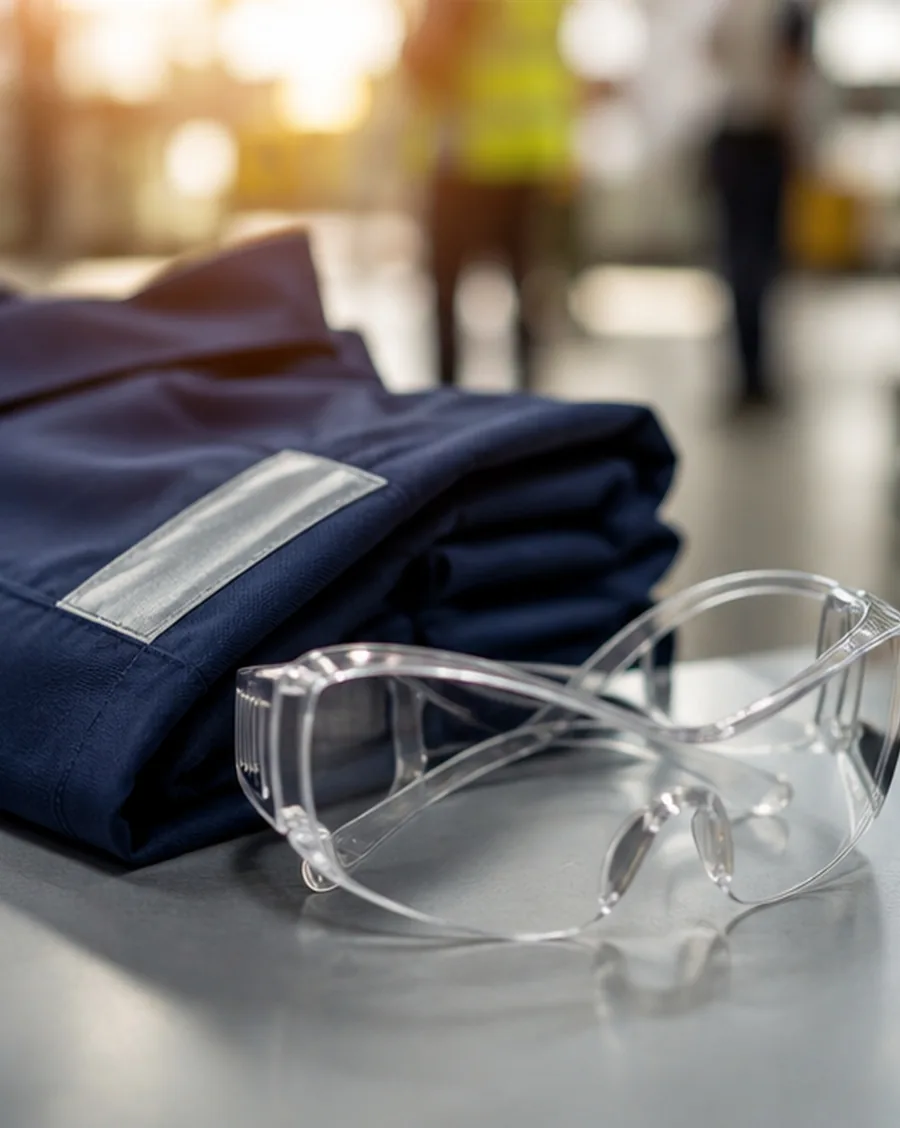 Uniforme com faixa refletiva dobrado ao lado de óculos de proteção em ambiente industrial