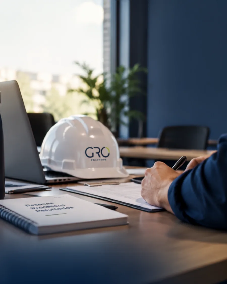 Capacete branco com a marca GRO Solution sobre a mesa, ao lado de notebook e prancheta, com profissional fazendo anotações